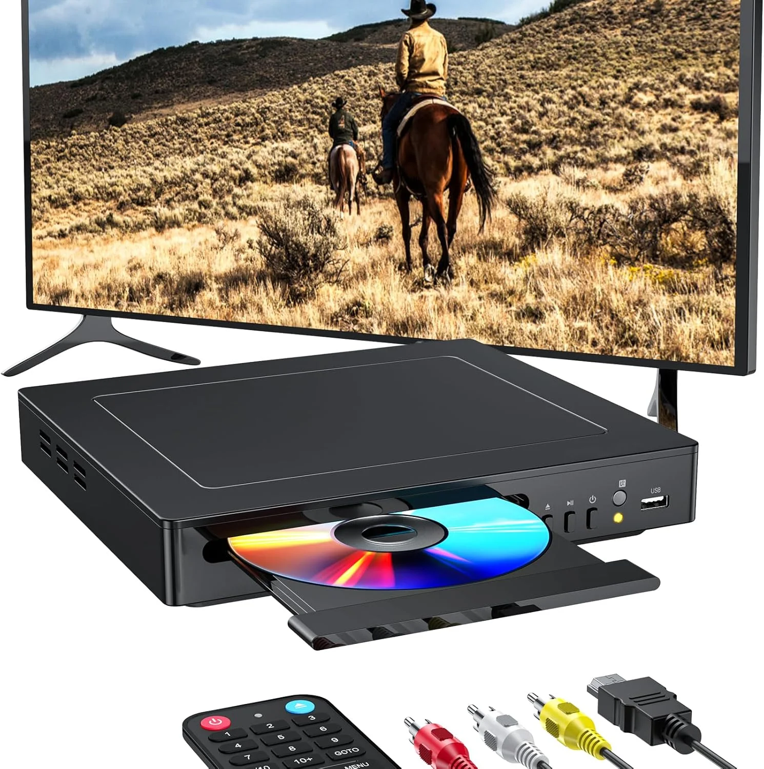 Leitor de DVD HD, leitores de DVD para TV, leitores de disco de DVD sem região com saída HDMI AV USB 2.0 Entrada Cabo AV de controle remoto, para estudo doméstico