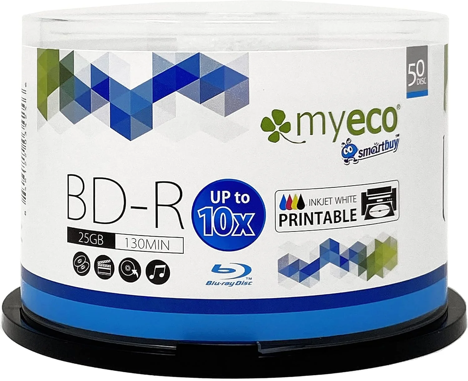 Smartbuy 50 Pacotes Myeco Bd-R Bdr Blu-Ray 25 Gb Até 10X Hub de Jato de Tinta Branco Imprimível Disco de Mídia Gravável de Dados Em Branco com Embalagem Cakebox/Eixo