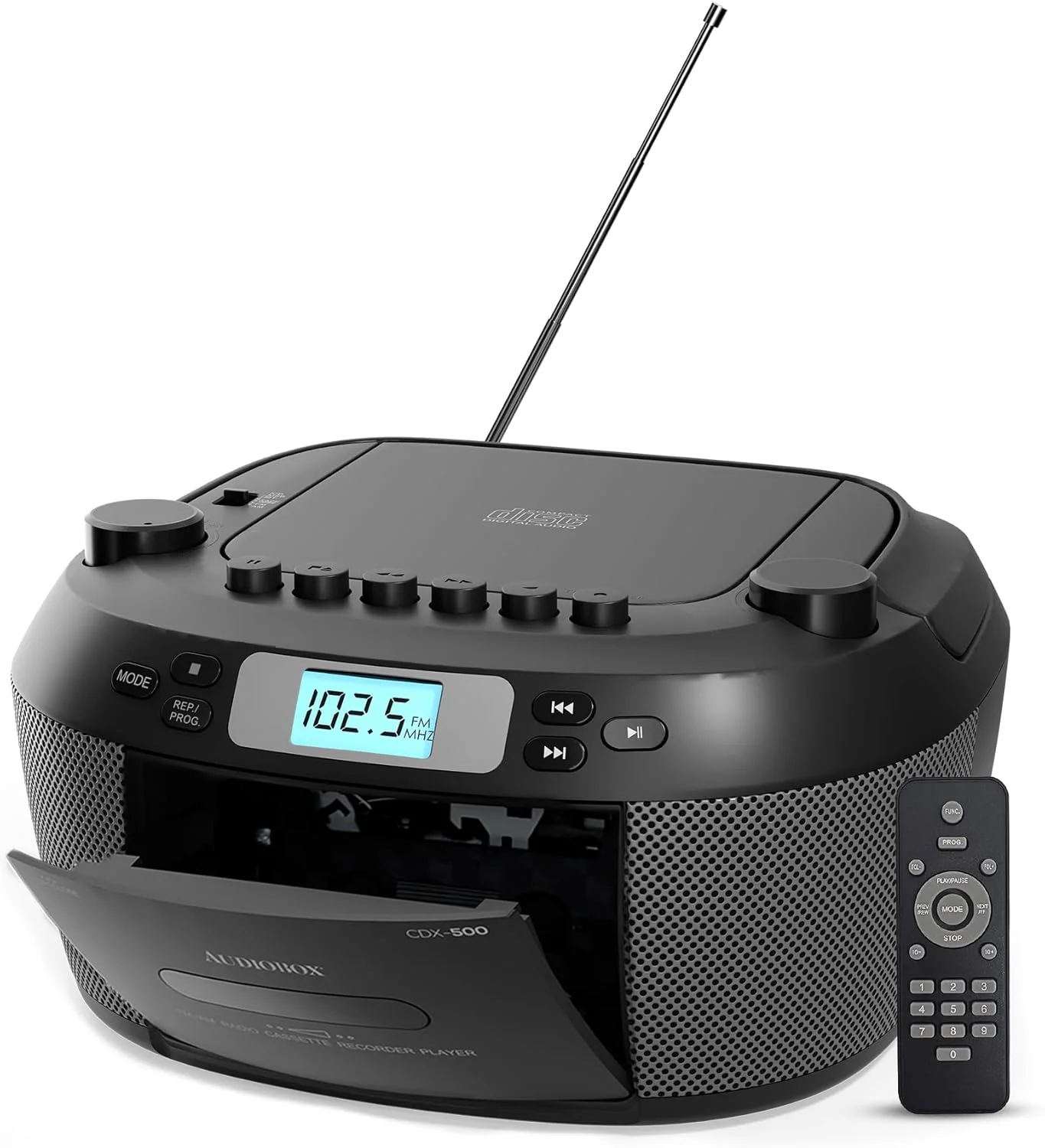 Audiobox Leitor de CD e cassete portátil, Bluetooth 5.3 Boombox, rádio AM/FM, USB, MicroSD, entrada AUX, alimentação dupla AC/bateria, com controle remoto – Preto