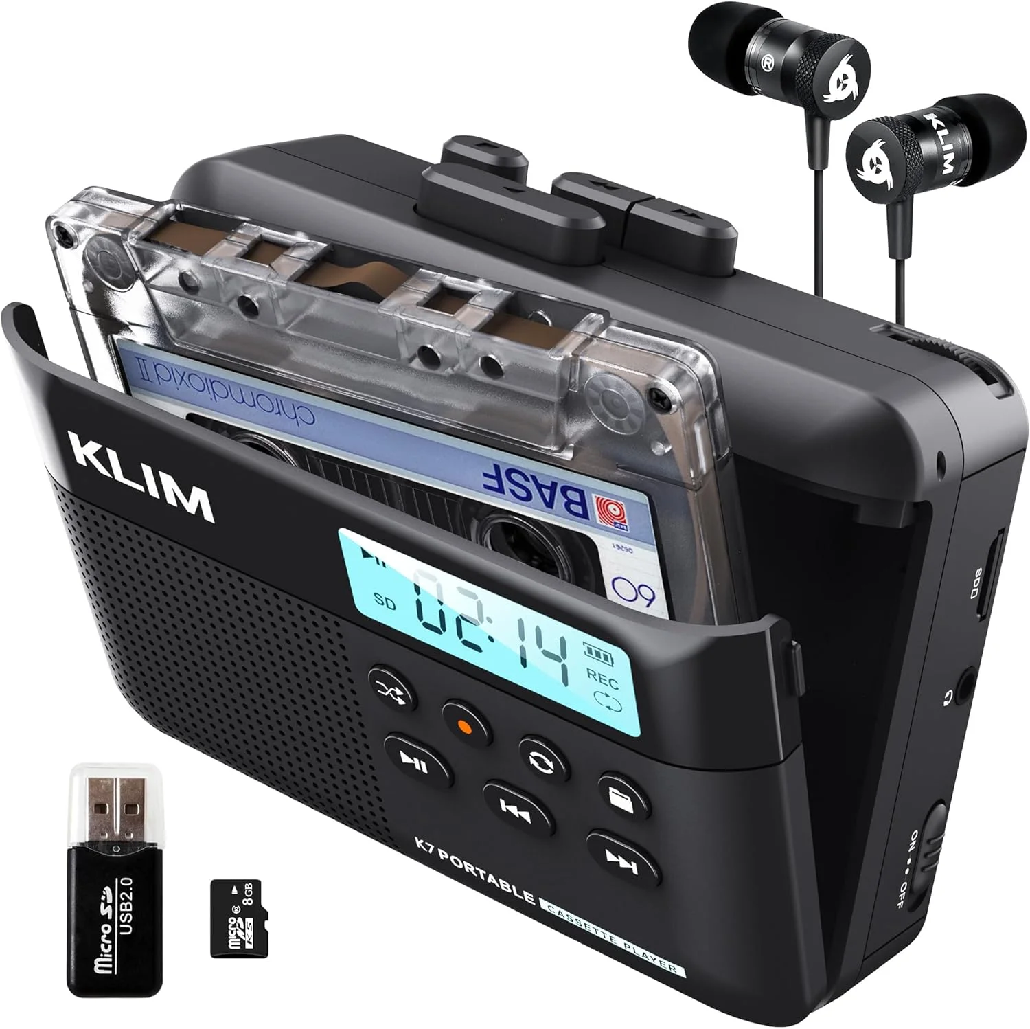 KLIM Leitor de fita cassete K7 + conversor de cassete para MP3 + leitor de cassete portátil + microfone e alto-falante integrados + bateria recarregável + fones de ouvido + cartão SD de 8 GB