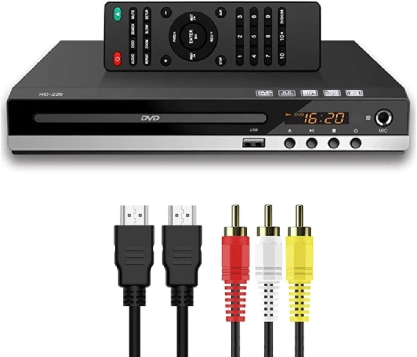 Leitor de DVD HD para TV CD Player para cabos HDMI e RCA domésticos, controle remoto, entrada USB 1080p para todas as regiões, suporte de memória, monitor de TV e projetor