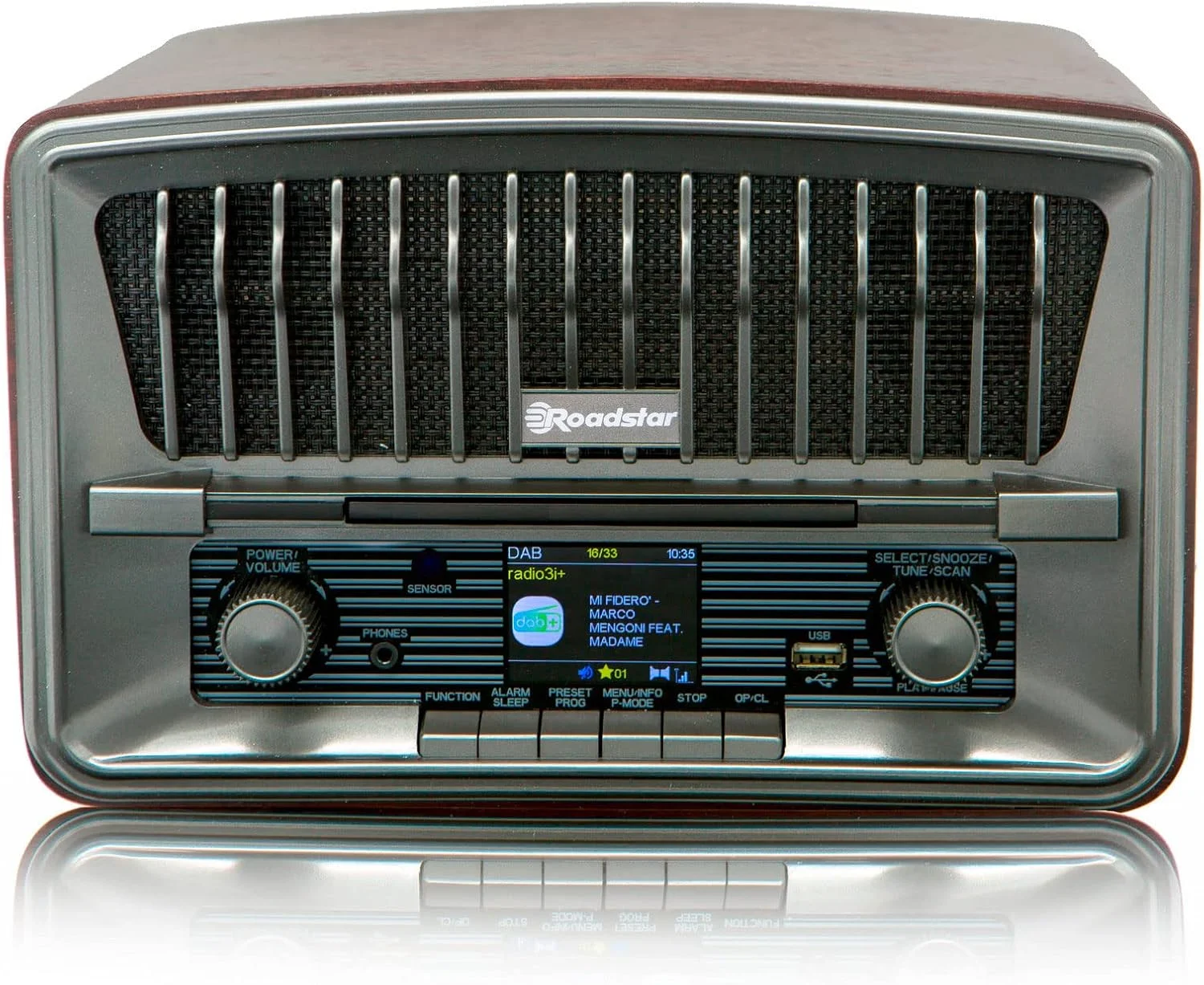 Roadstar HRA-270CD+BT Rádio CD portátil vintage digital Dab/Dab+/FM, leitor de CD-MP3, Bluetooth, USB, estéreo, AUX-IN, visor LCD, controle remoto, conexão para fones de ouvido, alarme, madeira