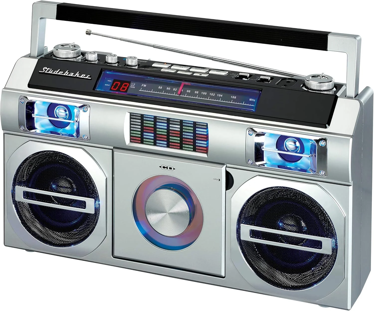 Studebker SB2145B 80’s Retro Street Bluetooth Boombox com rádio FM, CD Player, LED EQ, 10 Watts RMS Power e AC/DC, Prata