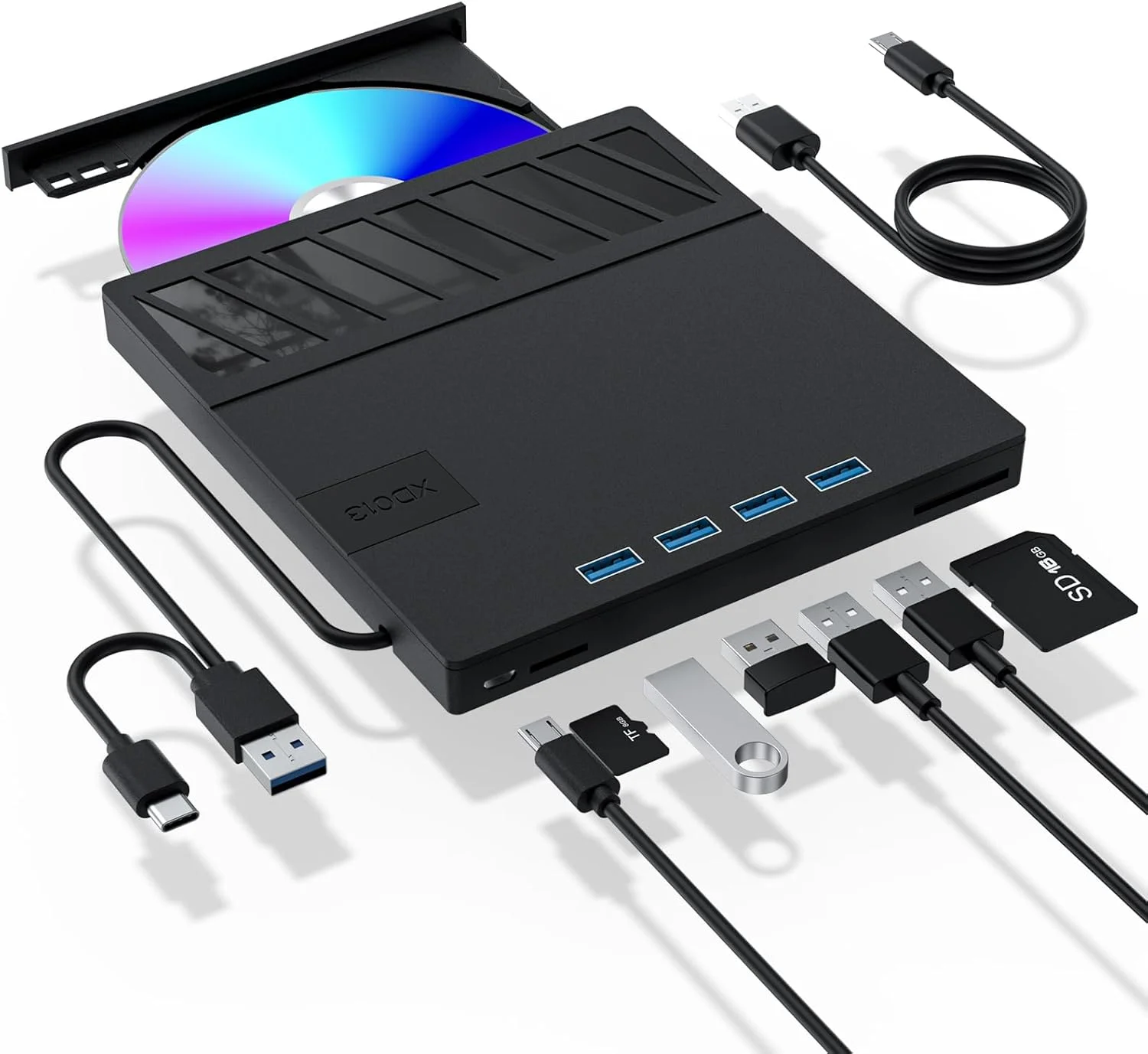 Unidade externa de CD/DVD para laptop – Gravador de CD/DVD portátil 7 em 1 USB, unidade de disco externa de alta velocidade com leitor de cartão SD/TF, 4 portas USB 3.0, compatível com Windows 11/10,
