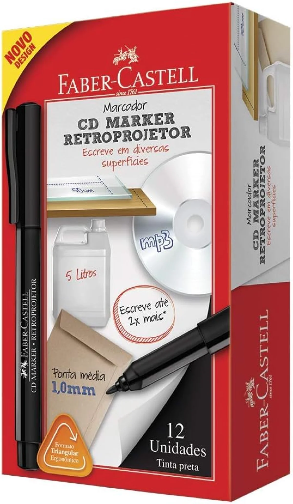 Marcador CD Marker Retroprojetor, Faber-Castell, CDRETRO/PRZF, Ponta Media, Preta, 12 Unidades